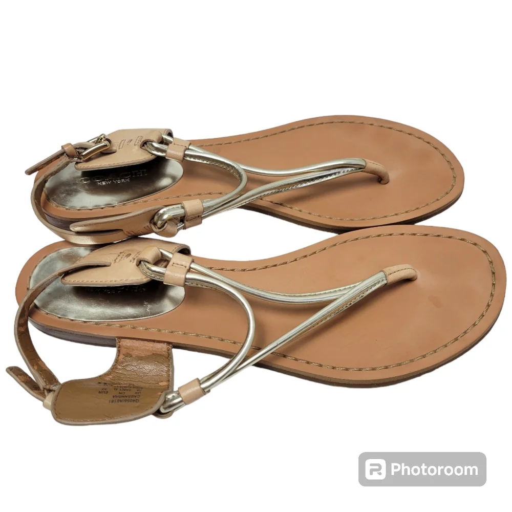 Coach Beige and Metallic Gold Leather T-Strap Sandals - Picture 4 of 16